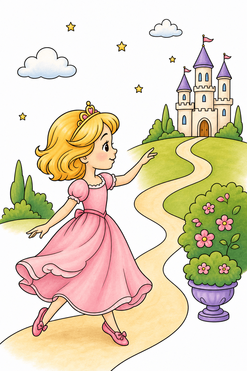 Princess Dancing Toward a Hilltop Castle storybook colorized preview