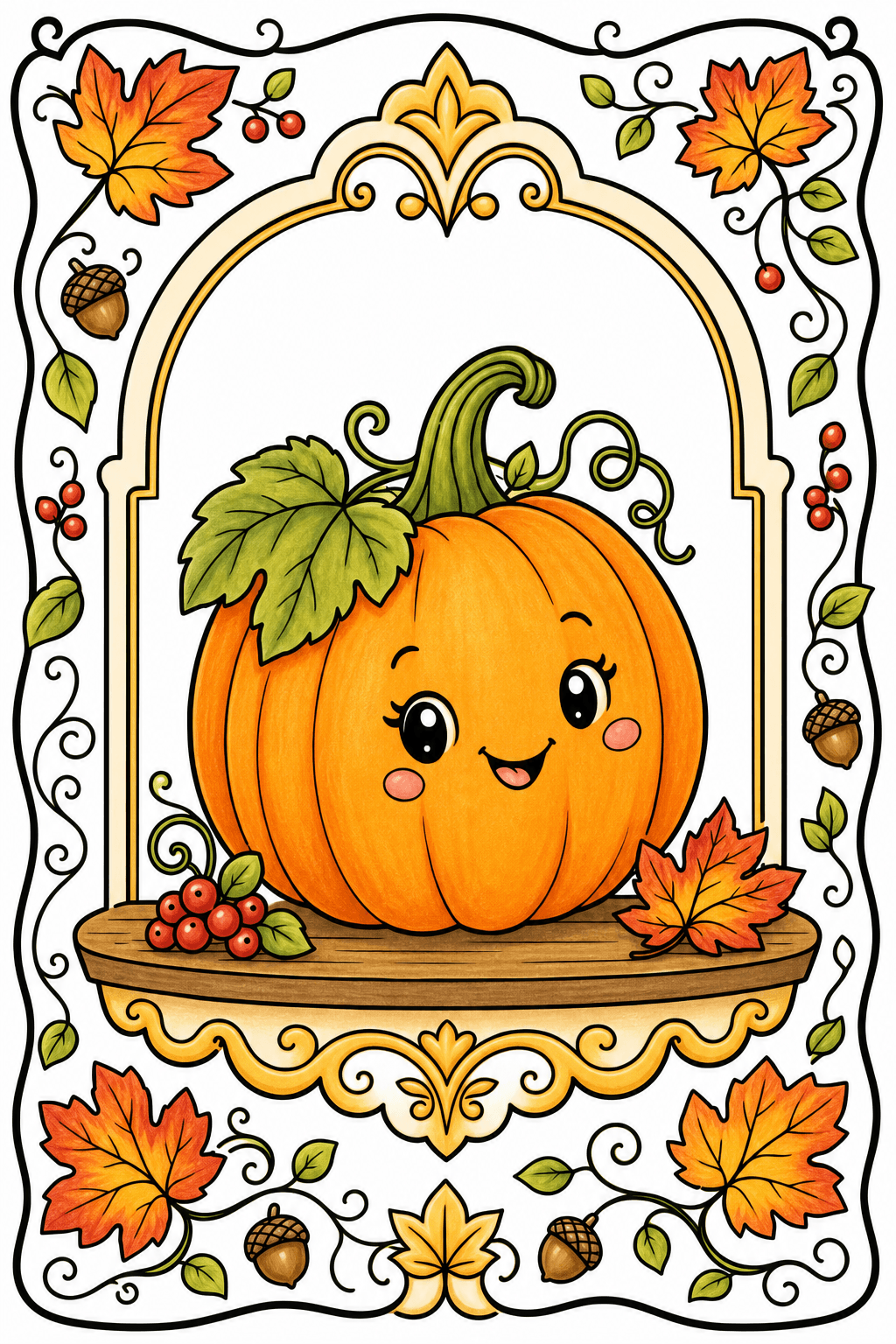 Smiling Pumpkin in an Ornate Autumn Frame storybook colorized preview