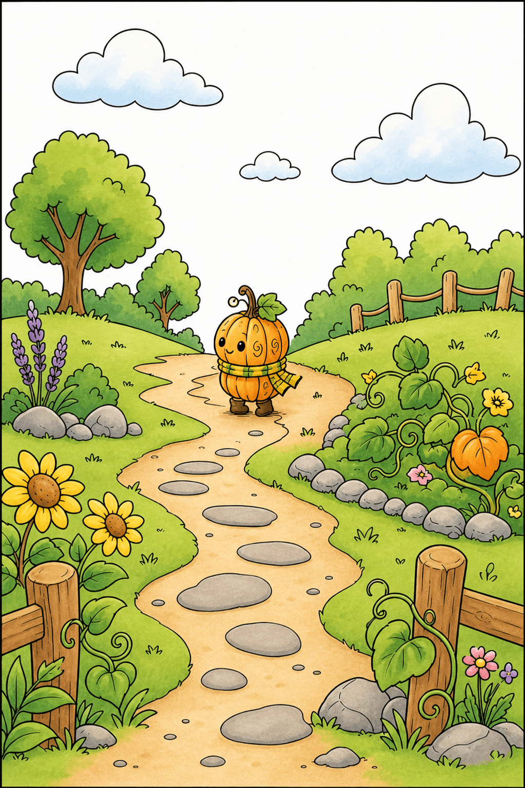 Pumpkin Character on a Winding Garden Path storybook colorized preview