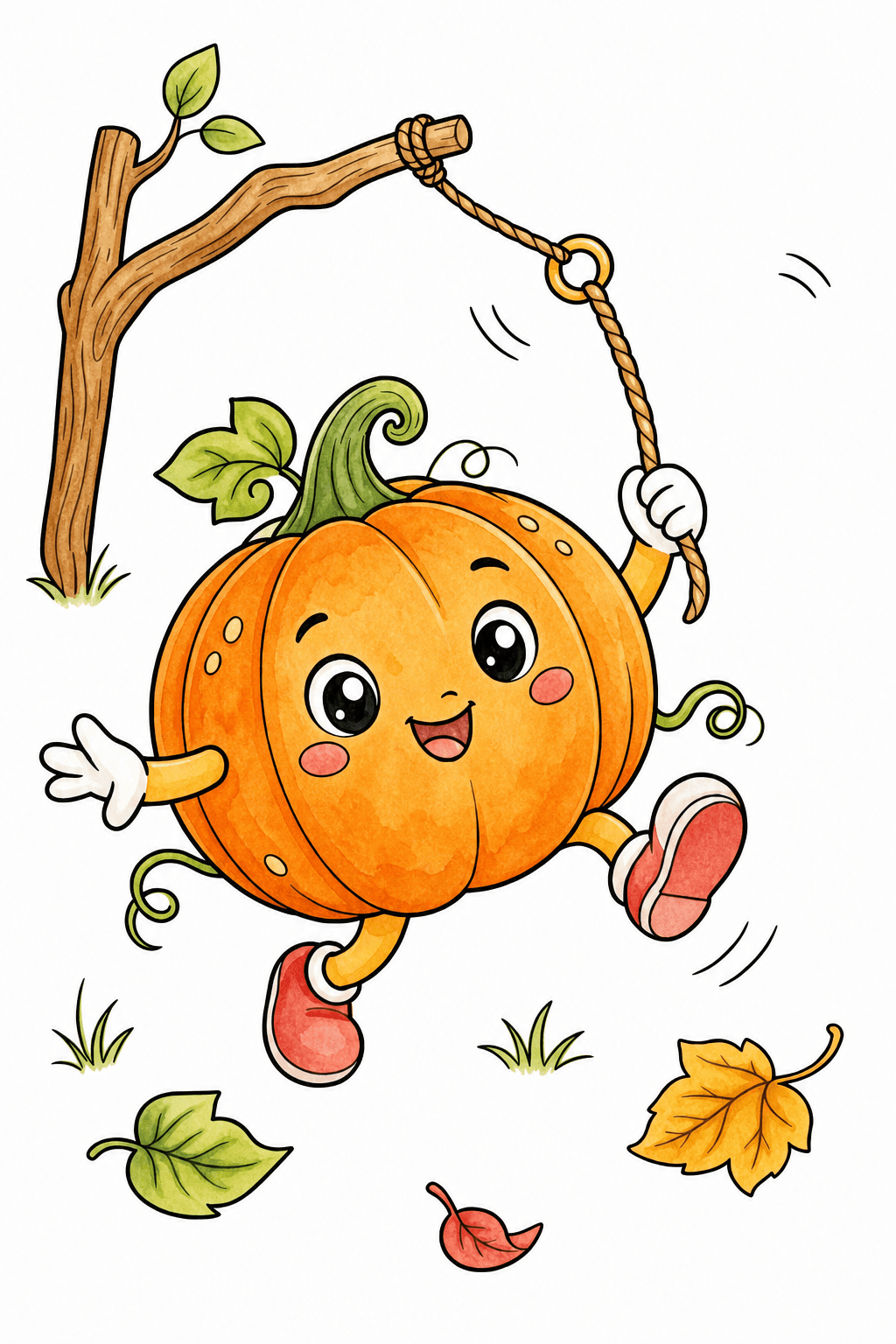 Playful Pumpkin Swinging from a Tree watercolor colorized preview