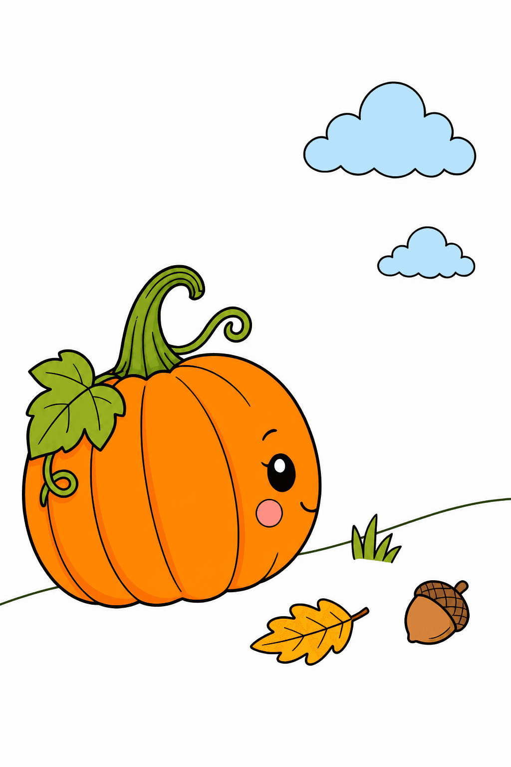 Smiling Pumpkin with an Acorn and Fall Leaf clean-digital colorized preview