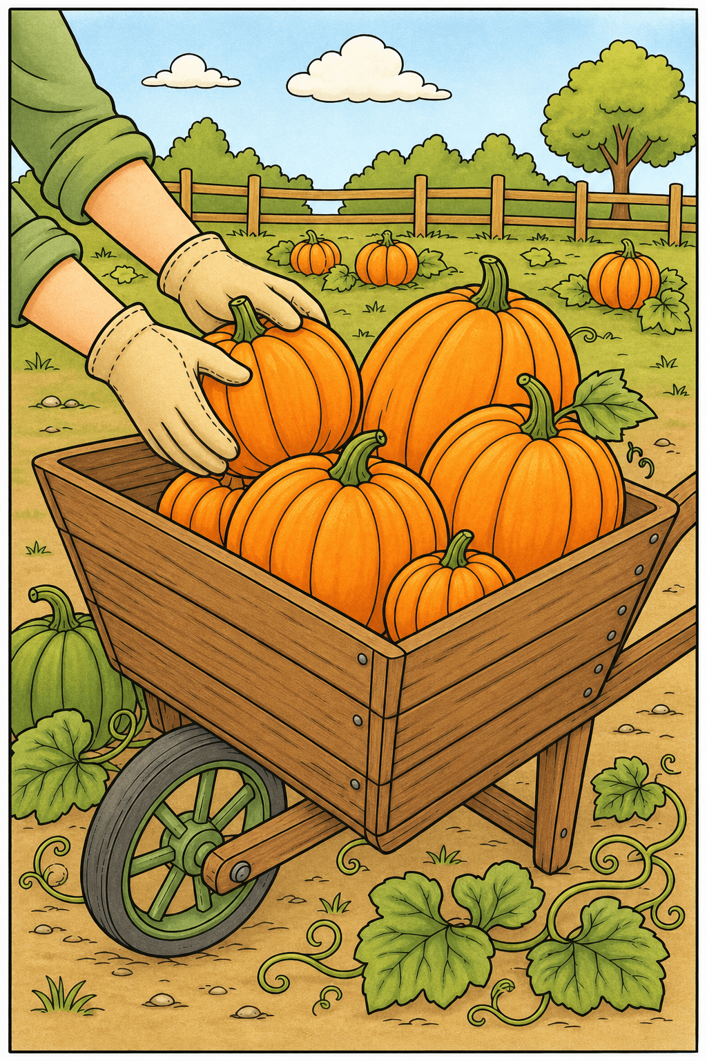Pumpkin Harvest with a Wheelbarrow storybook colorized preview
