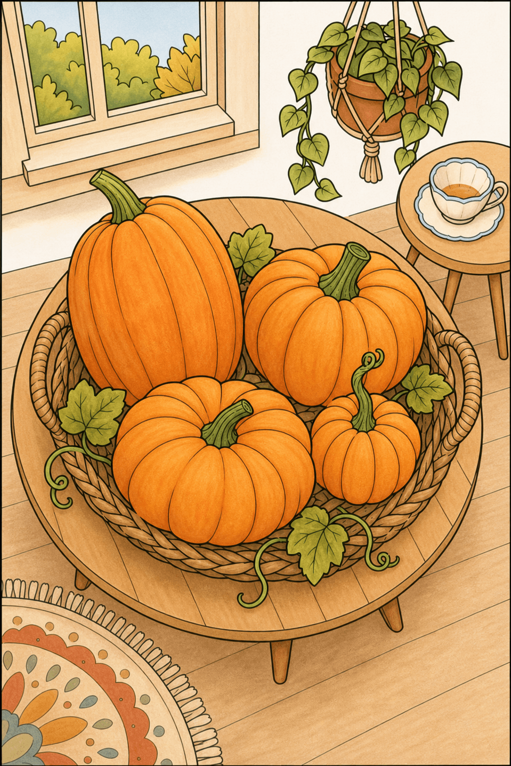 Basket of Pumpkins on a Round Table storybook colorized preview