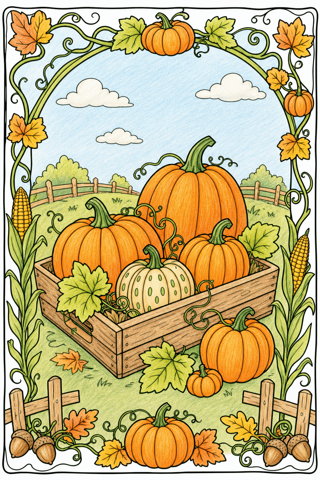 Pumpkin Crate Framed by Autumn Vines colored-pencil colorized preview