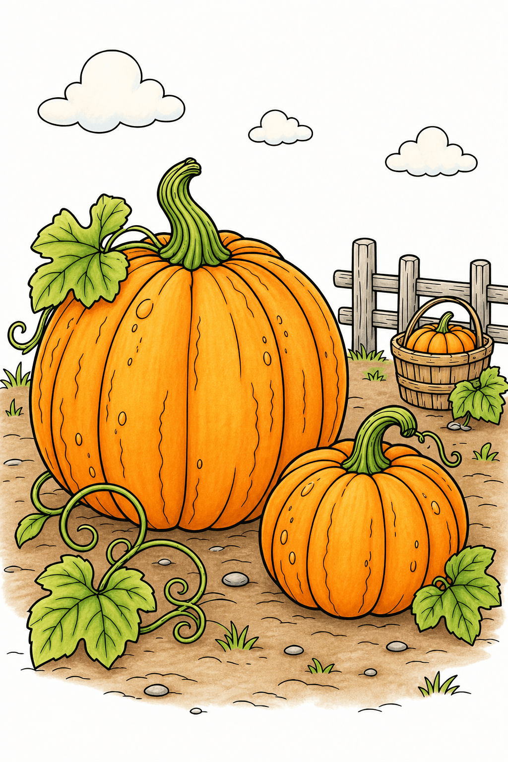Pumpkin Patch with Fence and Harvest Basket storybook colorized preview