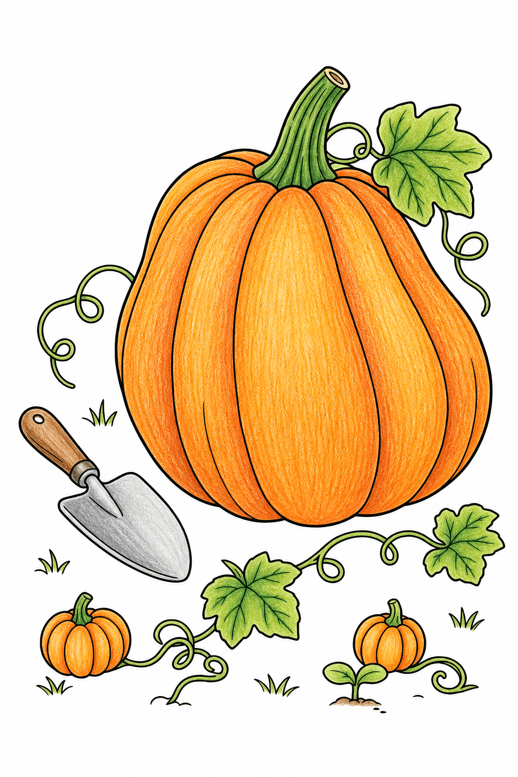 Large Pumpkin with Vines and a Garden Trowel colored-pencil colorized preview