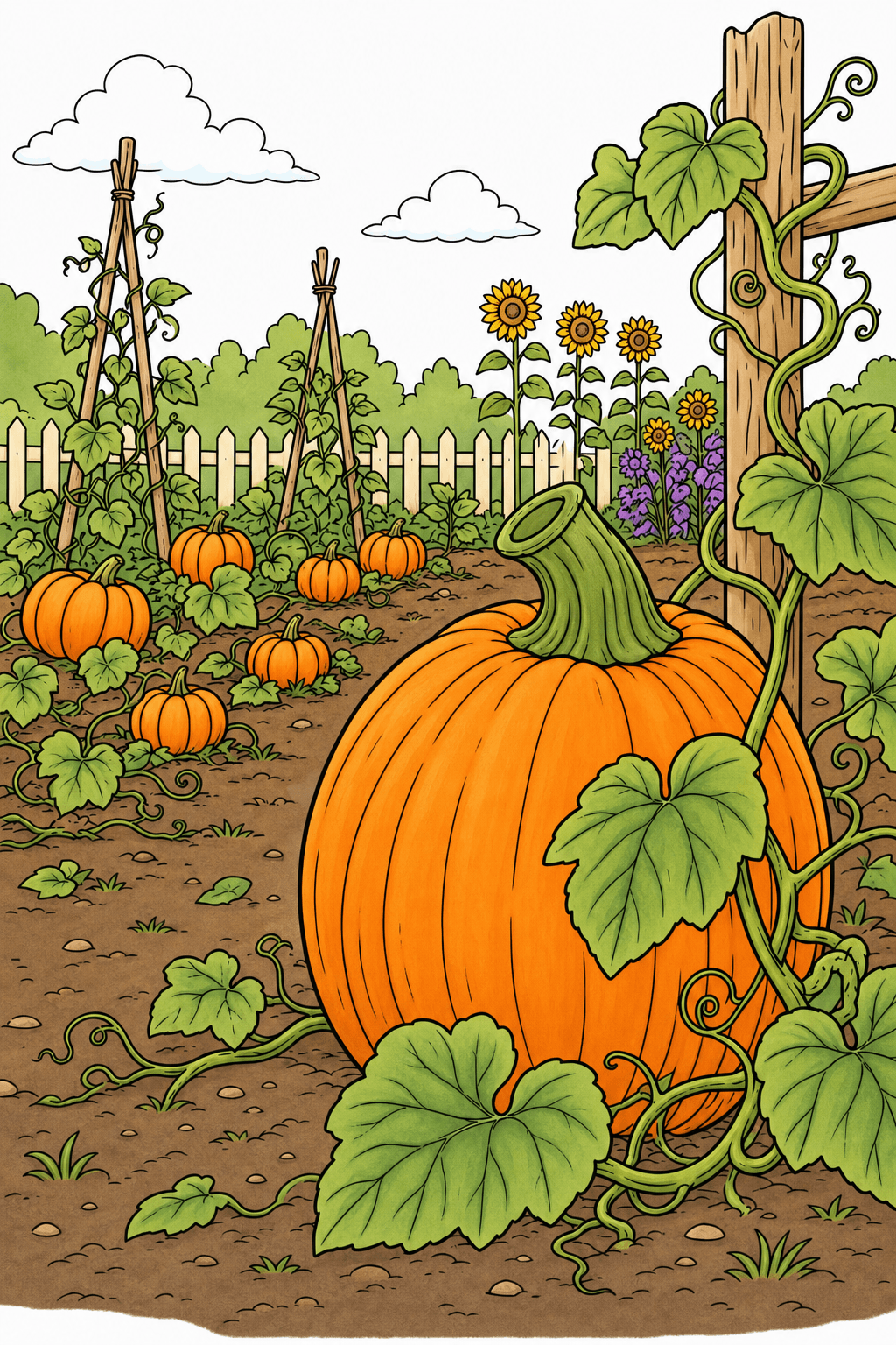 Large Pumpkin by a Vine-Wrapped Garden Post clean-digital colorized preview