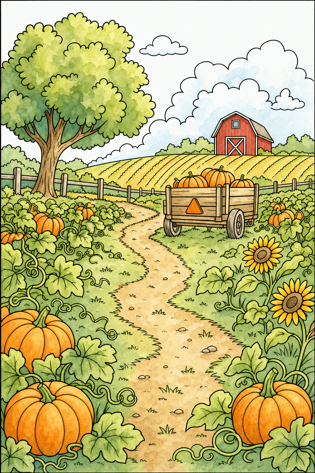 Pumpkin Farm Path Leading to a Barn watercolor colorized preview