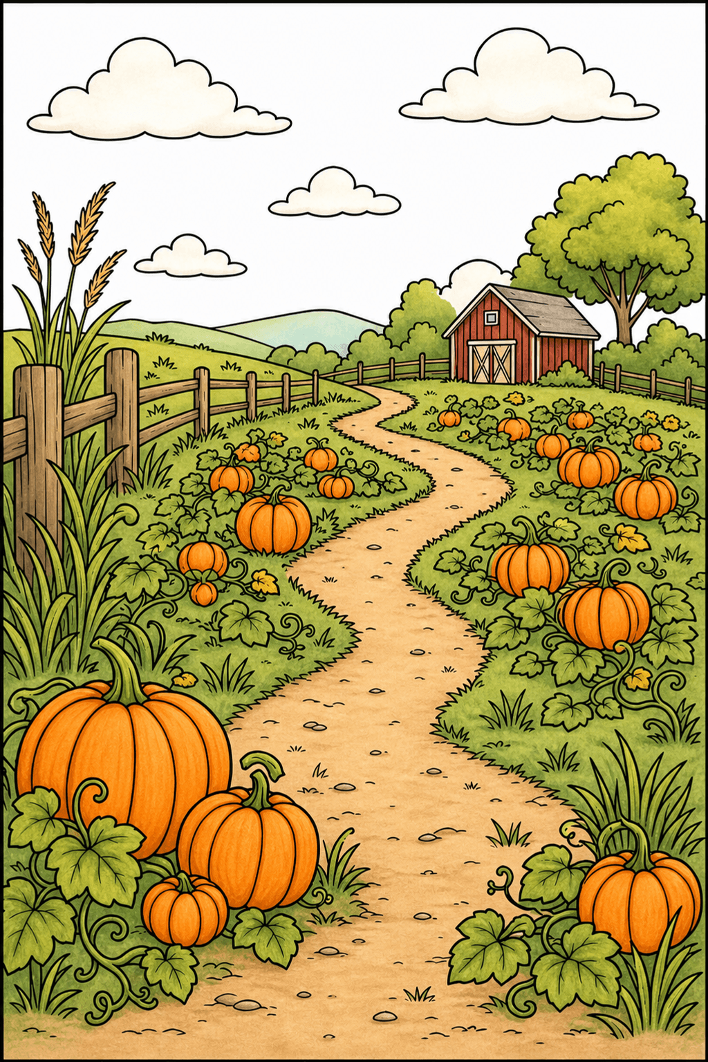 Winding Pumpkin Patch Path to a Farm Shed storybook colorized preview