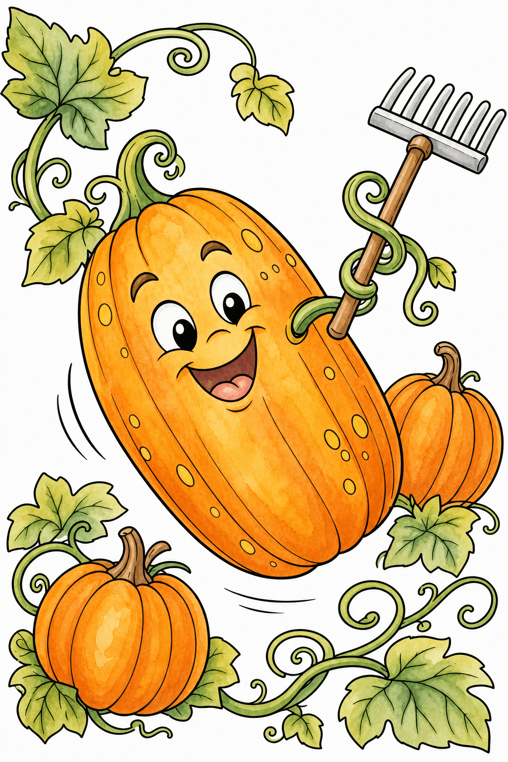Playful Gourd in a Pumpkin Patch watercolor colorized preview
