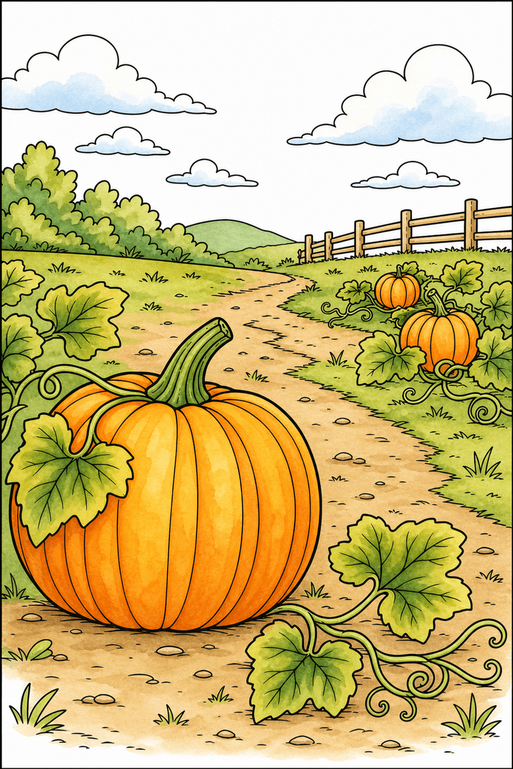 Large Pumpkin Beside a Winding Path watercolor colorized preview