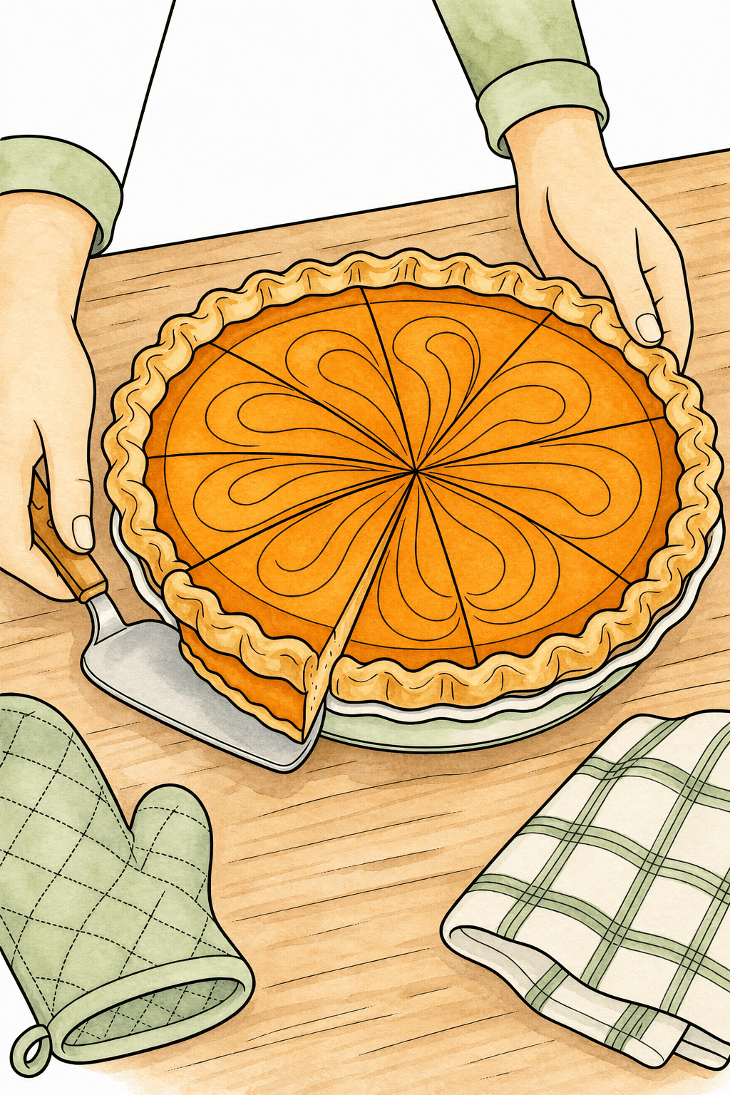 Serving a Decorated Pumpkin Pie watercolor colorized preview