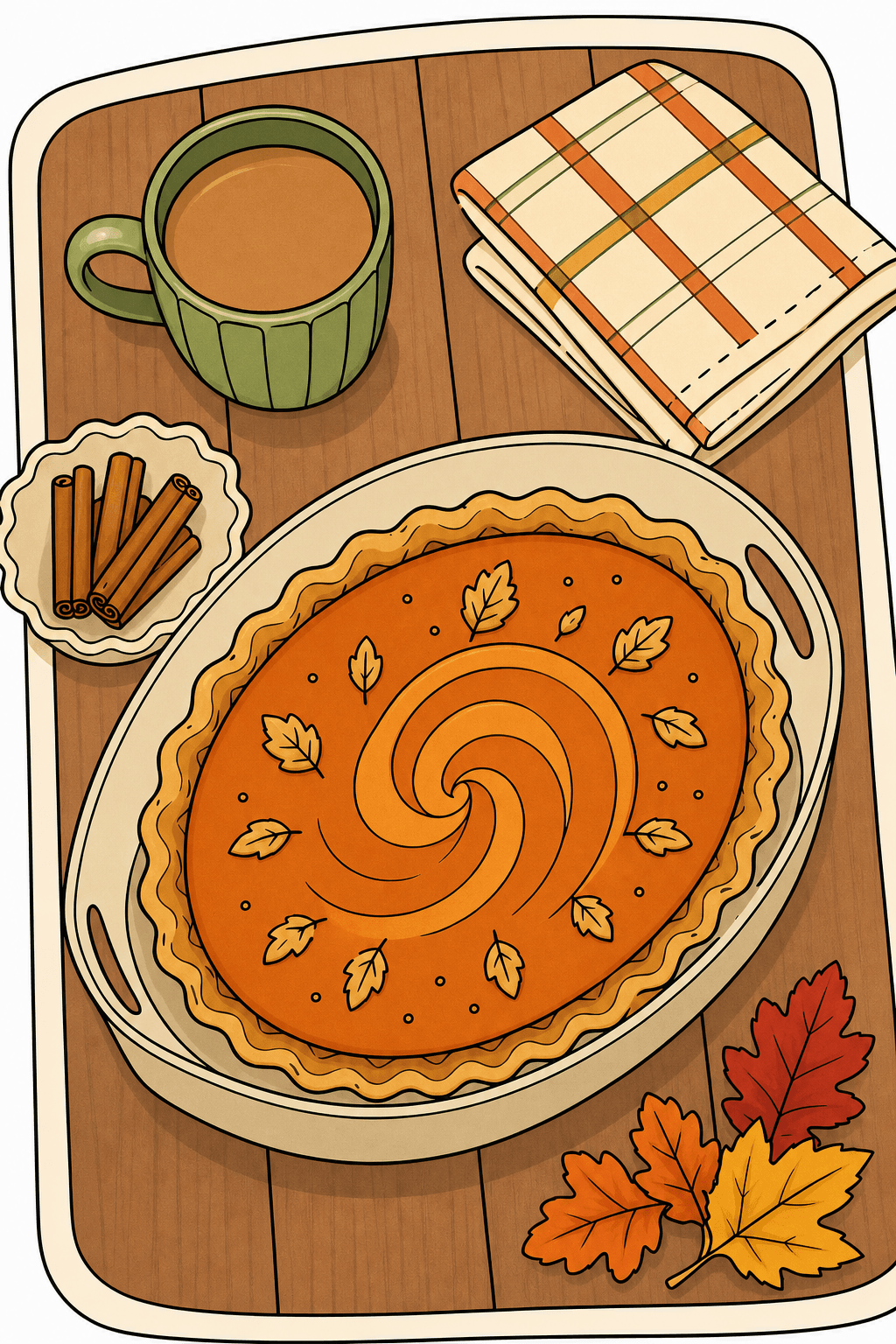 Decorated Pumpkin Pie on a Cozy Fall Tabletop clean-digital colorized preview