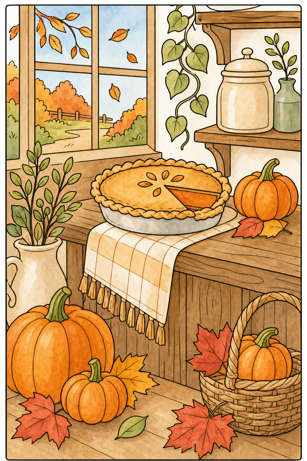 Autumn Pumpkin Pie Table Scene watercolor colorized preview