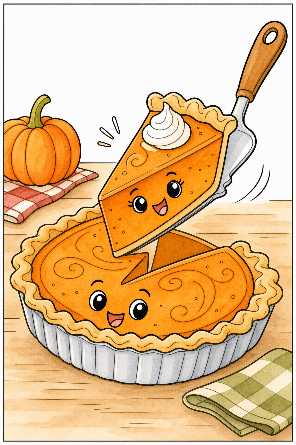 Smiling Pumpkin Pie Slice Being Served watercolor colorized preview