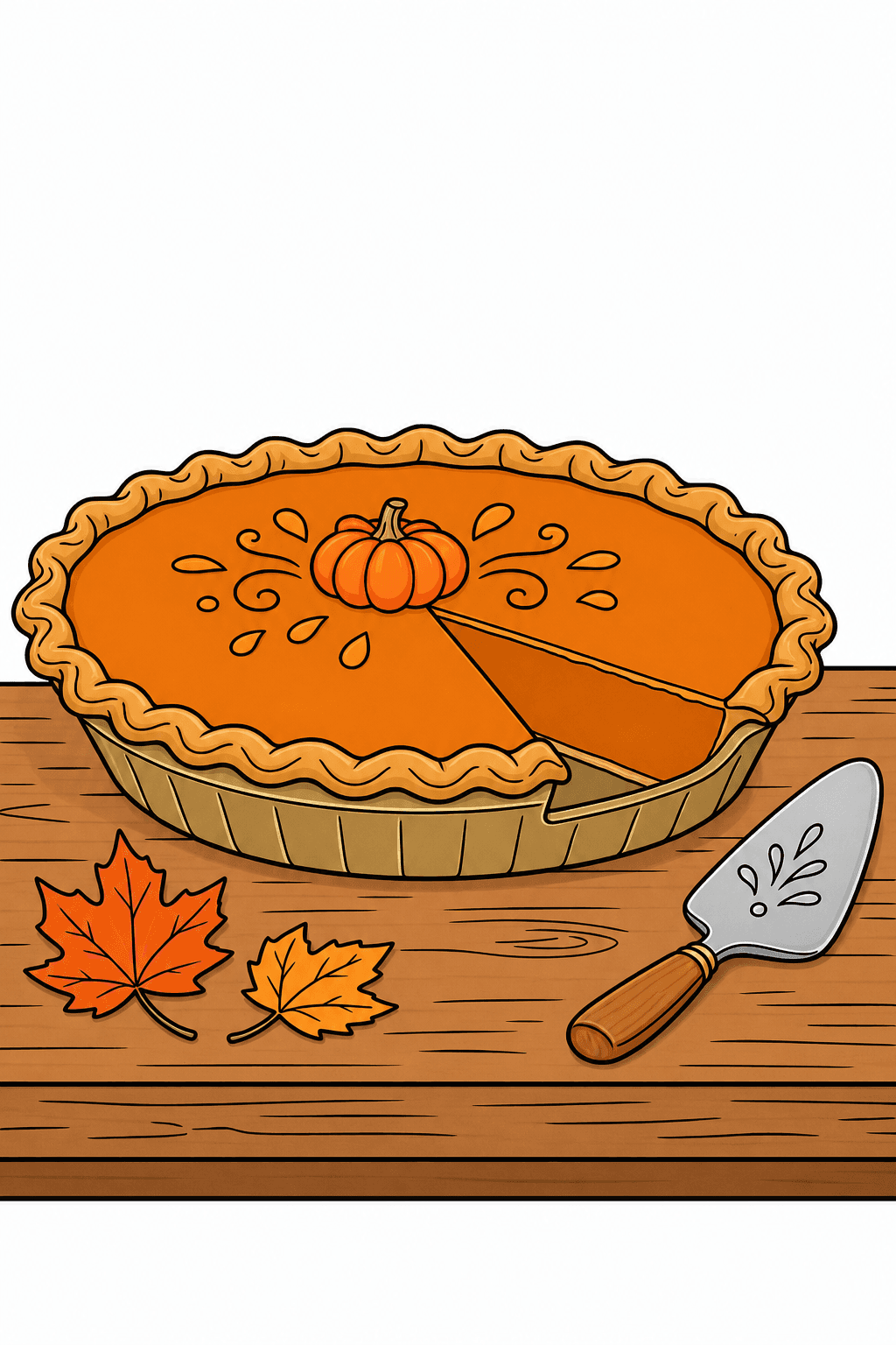 Pumpkin Pie Table Scene with Autumn Leaves clean-digital colorized preview