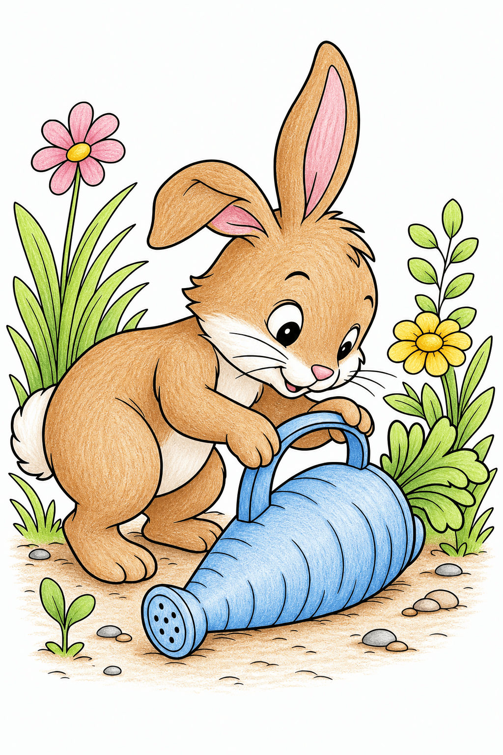 Rabbit with a Watering Can in the Garden colored-pencil colorized preview