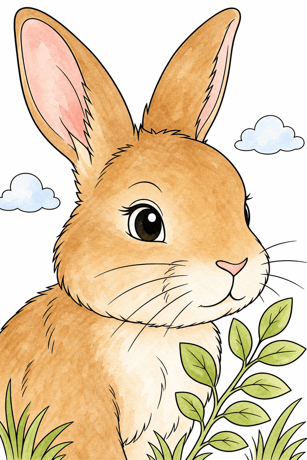 Close-Up Rabbit Portrait with Plant and Clouds watercolor colorized preview