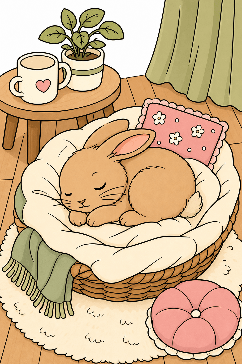 Sleeping Rabbit Curled Up in a Basket clean-digital colorized preview