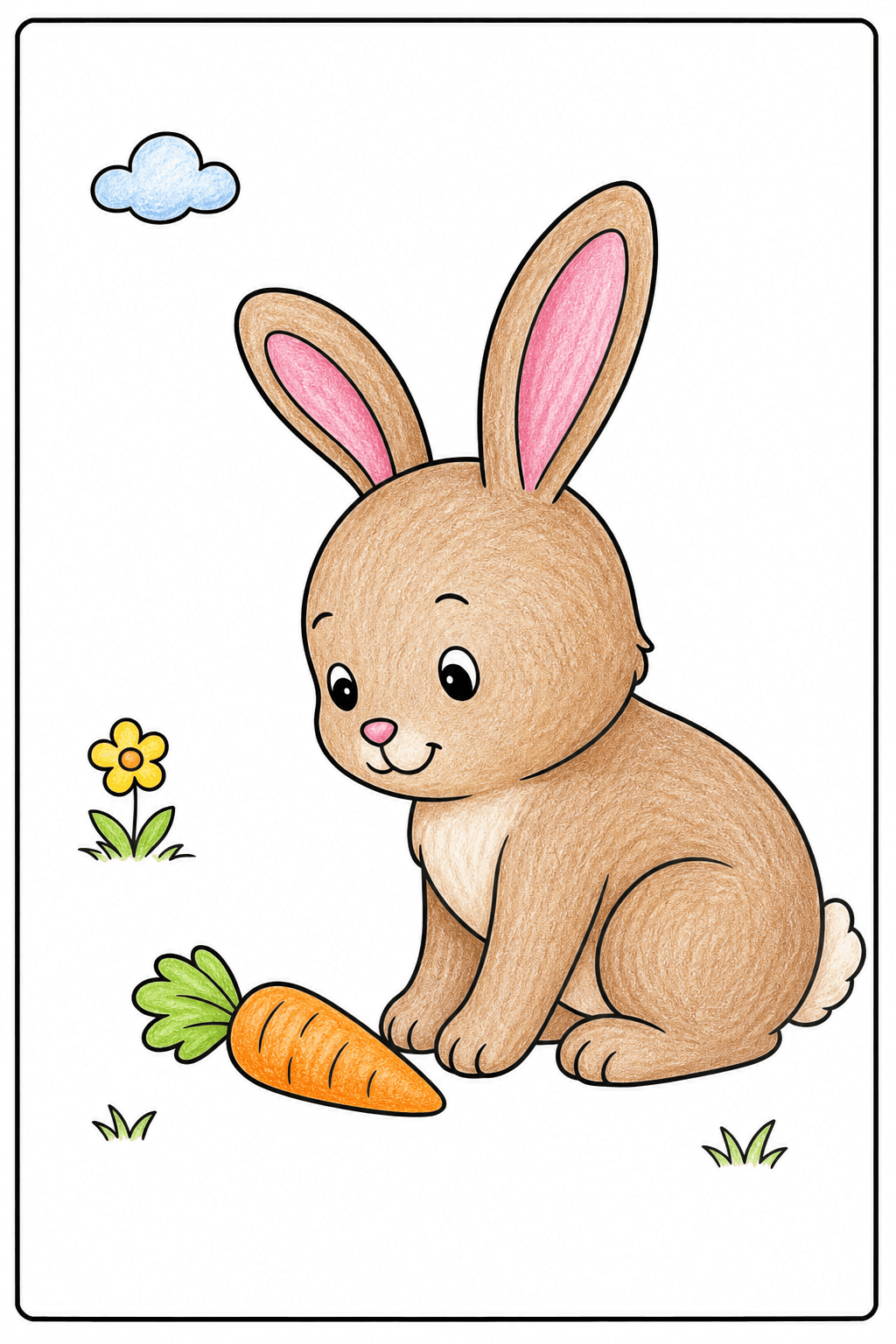 Smiling Rabbit Beside a Carrot colored-pencil colorized preview