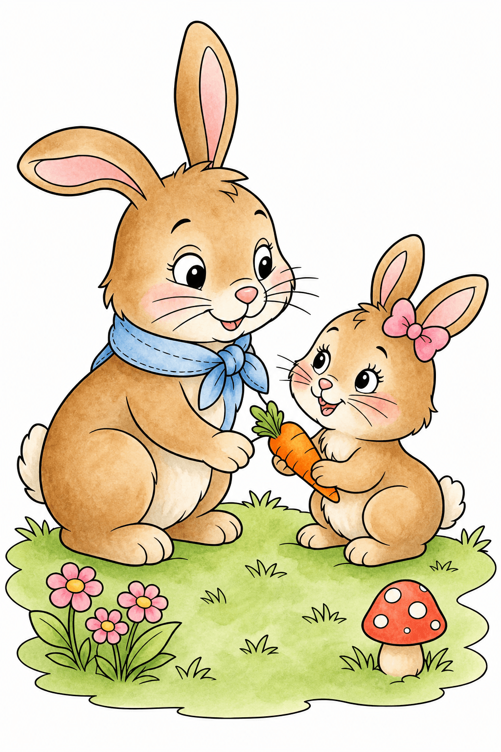 Rabbits Sharing a Carrot in the Garden watercolor colorized preview