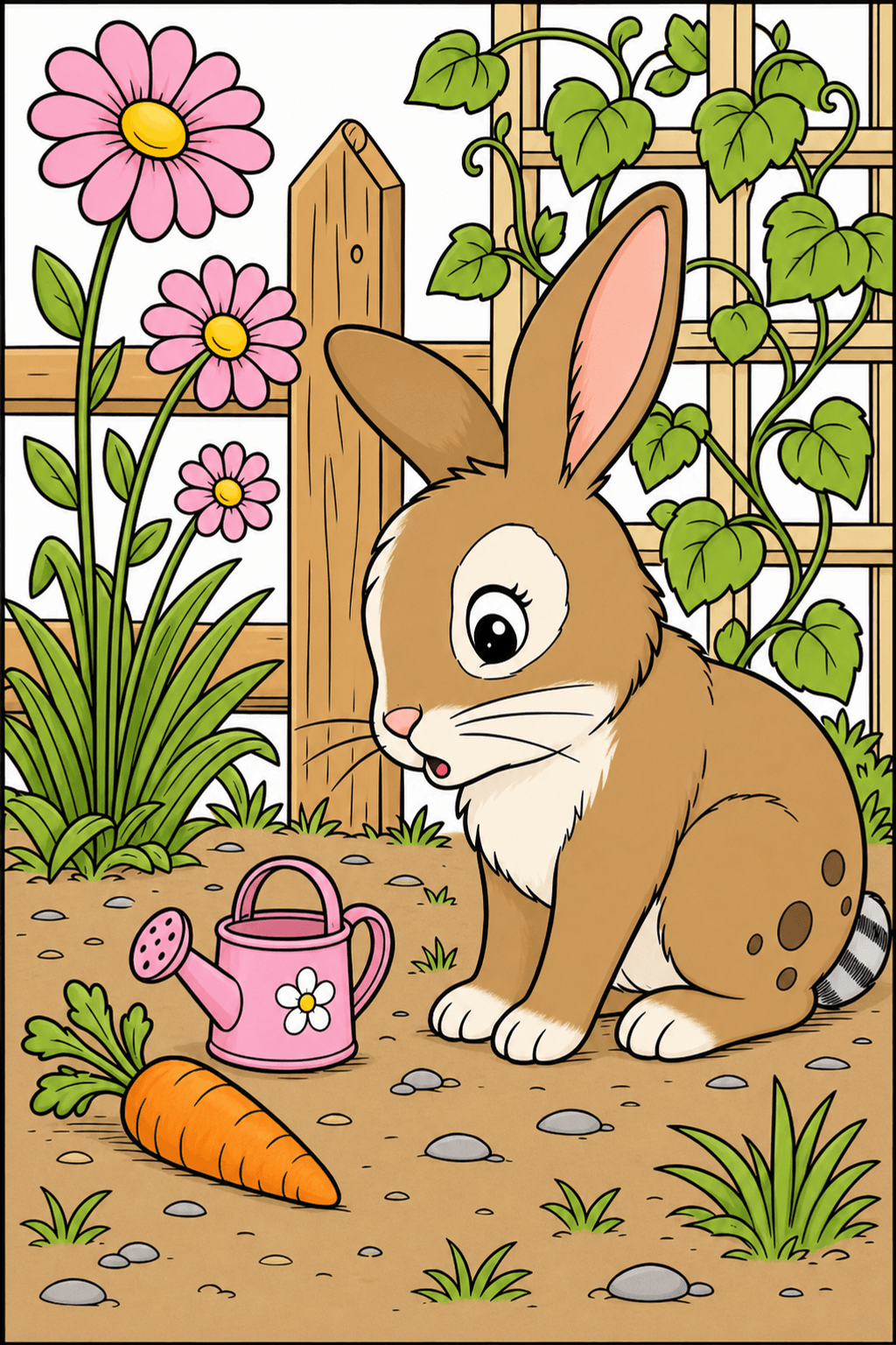 Spotted Rabbit Beside a Carrot and Watering Can clean-digital colorized preview