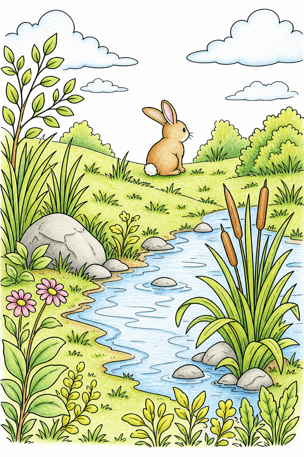 Rabbit Beside a Winding Meadow Stream colored-pencil colorized preview