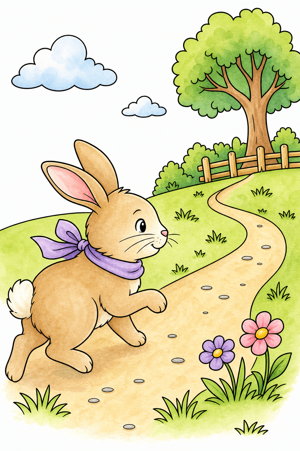 Rabbit Hopping Along a Garden Path watercolor colorized preview