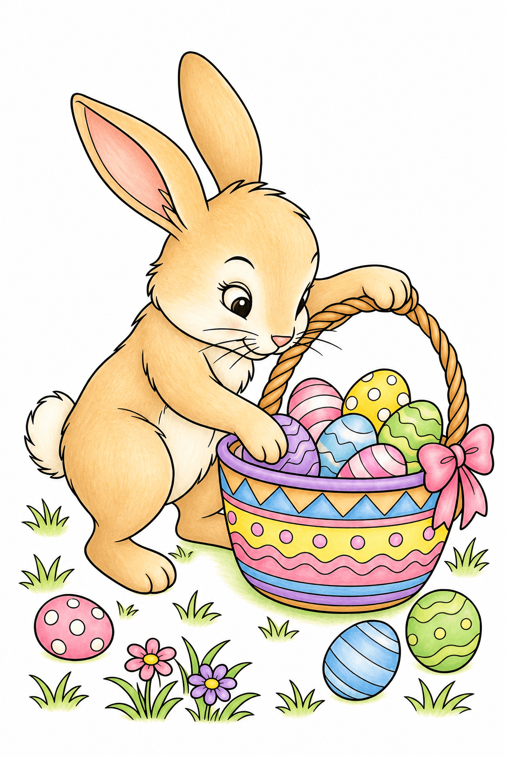 Rabbit Reaching into an Easter Egg Basket storybook colorized preview