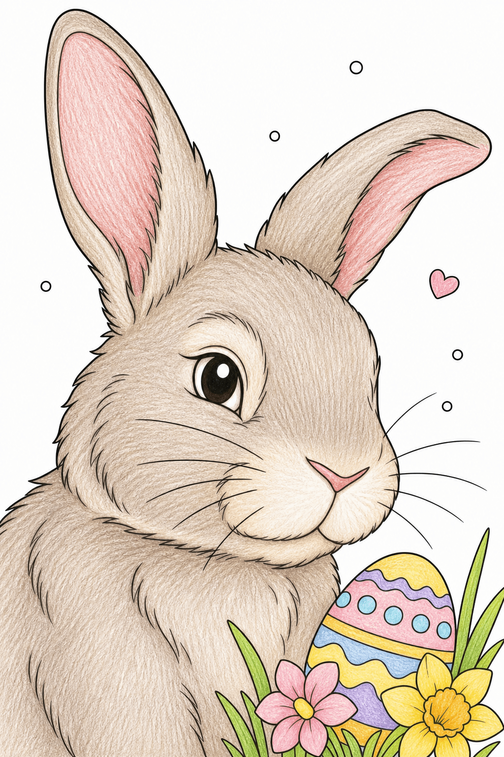Close-Up Rabbit Beside an Easter Egg and Flowers colored-pencil colorized preview