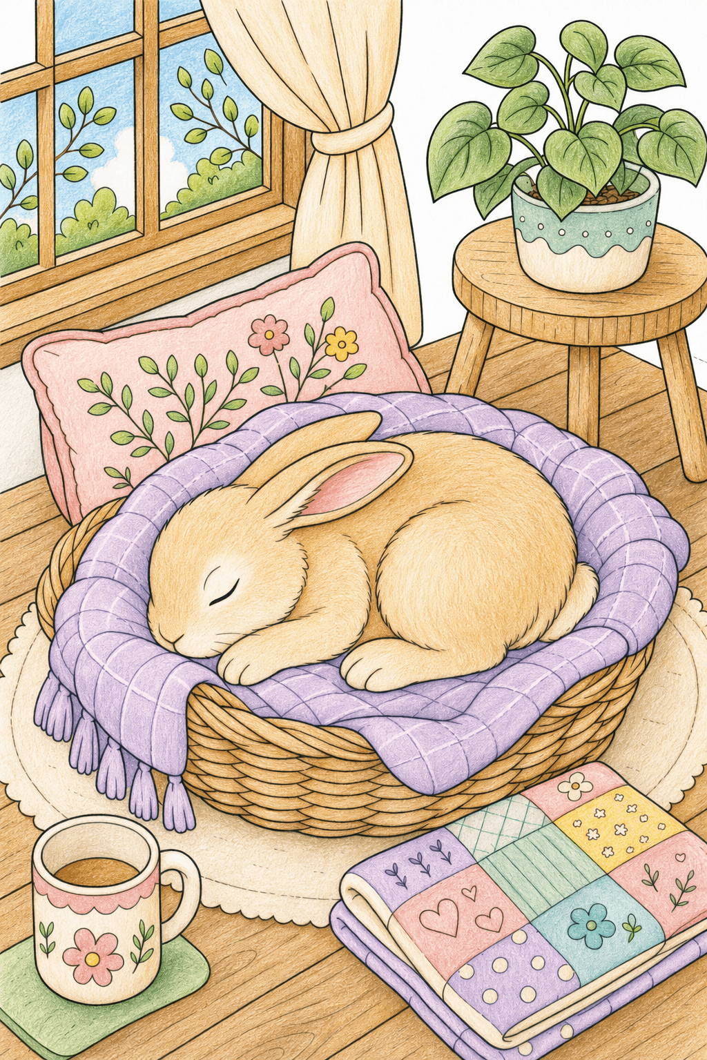 Sleeping Rabbit in a Blanket-Lined Basket colored-pencil colorized preview