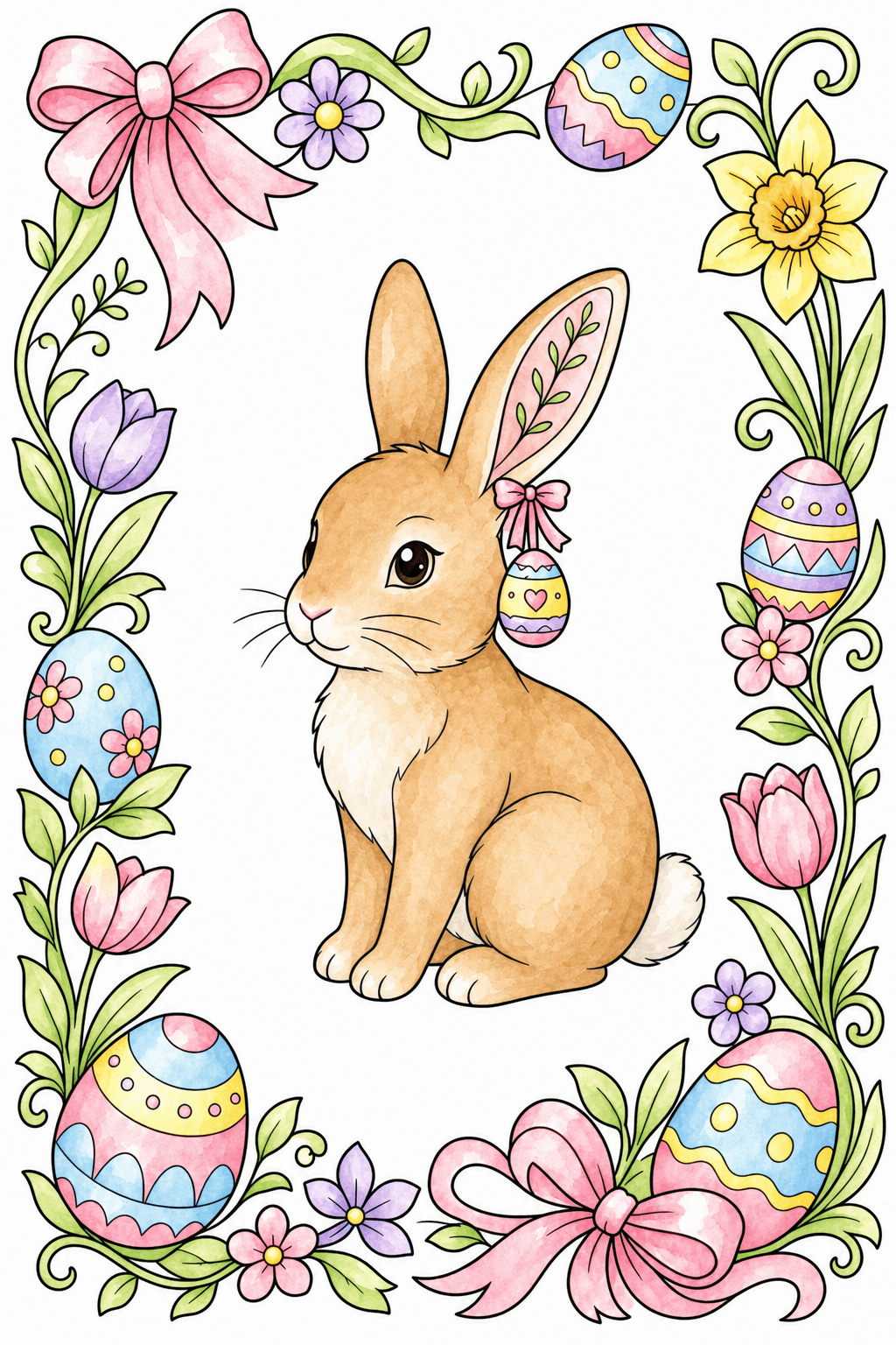 Seated Rabbit Framed by Easter Eggs and Flowers watercolor colorized preview