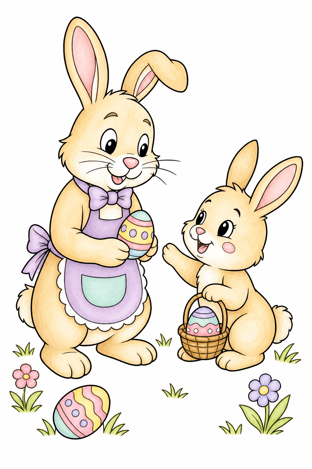 Rabbits Sharing Easter Eggs Beside a Basket watercolor colorized preview