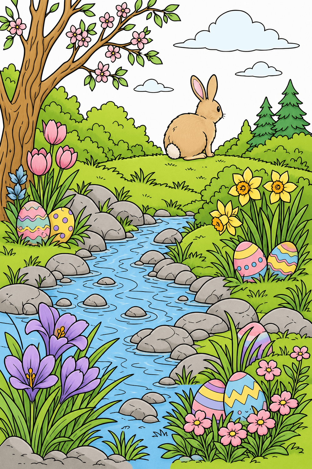 Easter Bunny in a Spring Stream Landscape clean-digital colorized preview