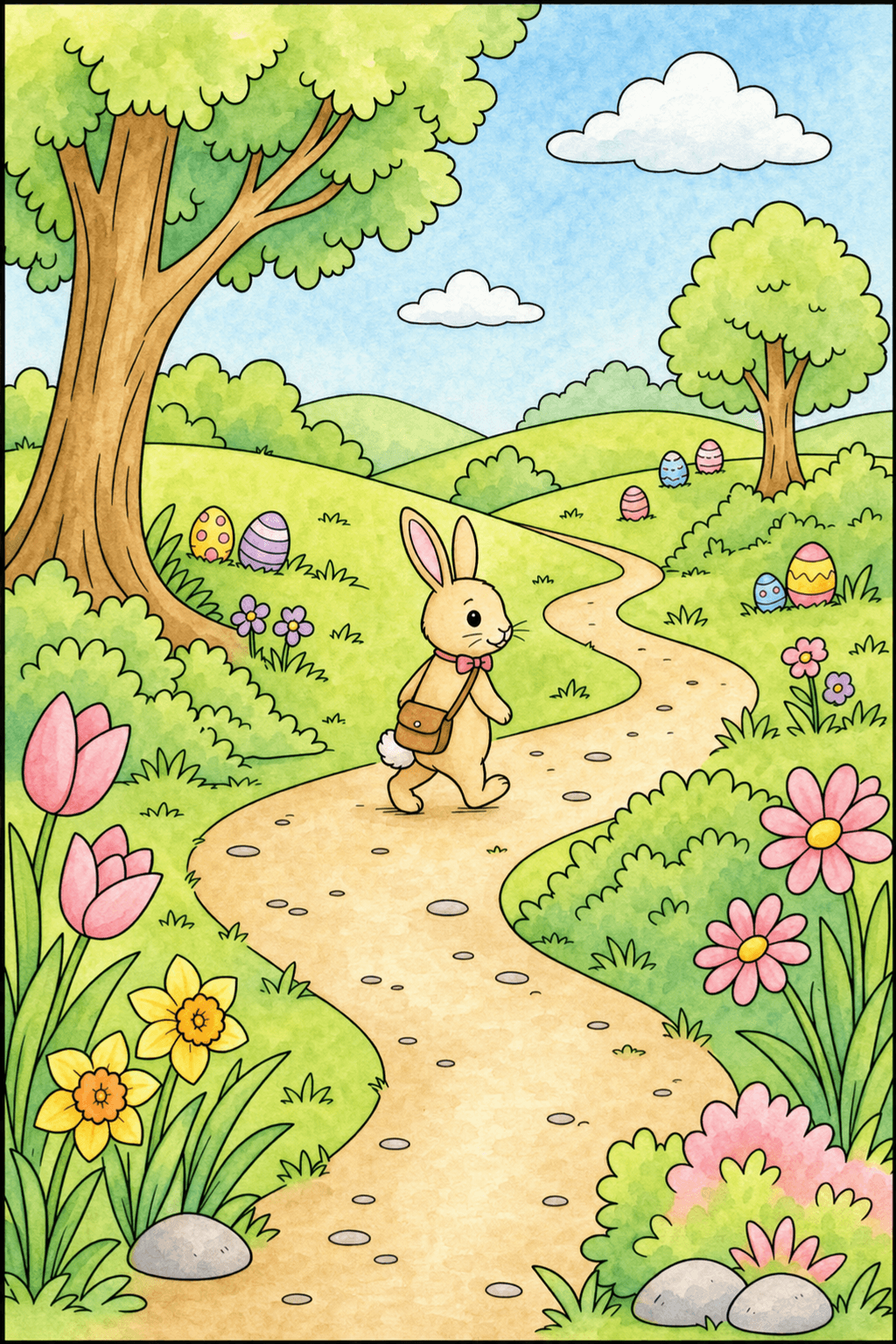 Rabbit Walking Along a Winding Spring Path watercolor colorized preview