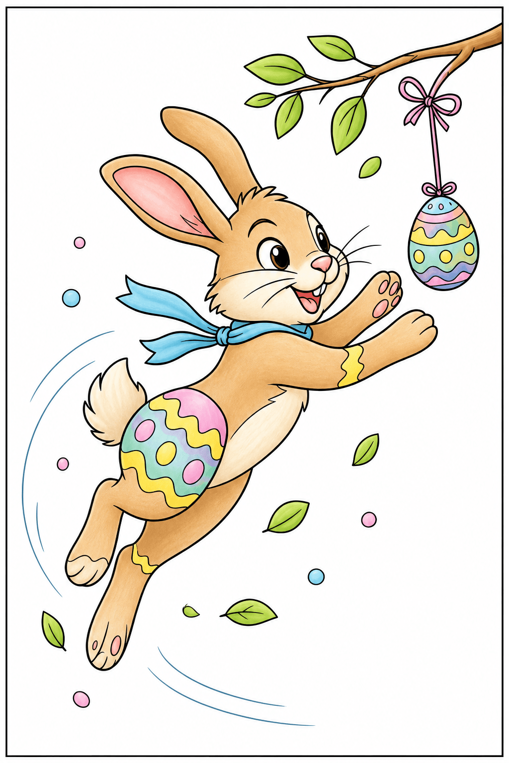 Scarf-Wearing Rabbit Leaping Toward a Hanging Easter Egg storybook colorized preview