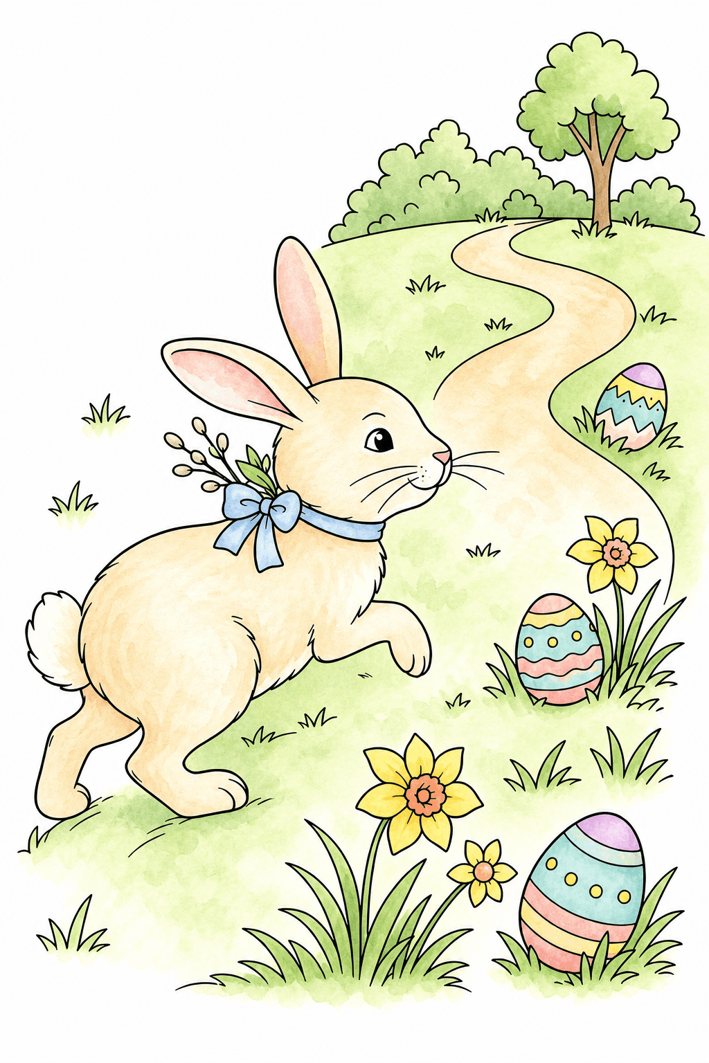 Easter Rabbit Hopping Through a Spring Meadow watercolor colorized preview