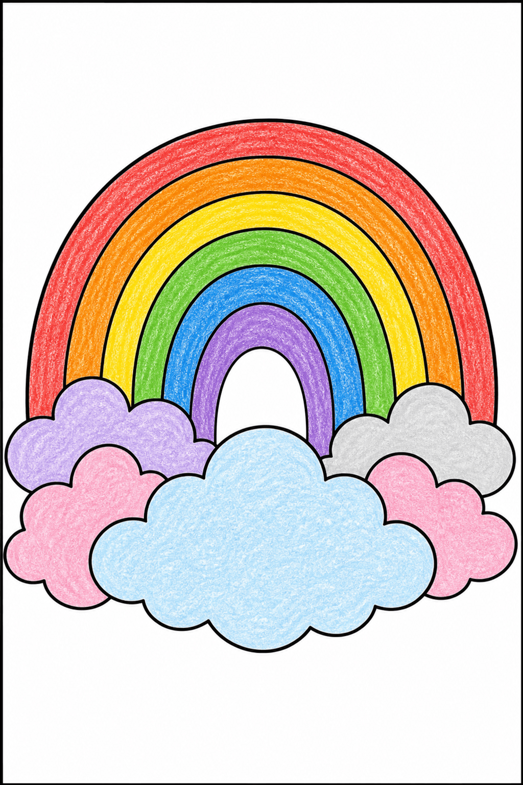 Simple Rainbow Arch with Layered Clouds crayon colorized preview