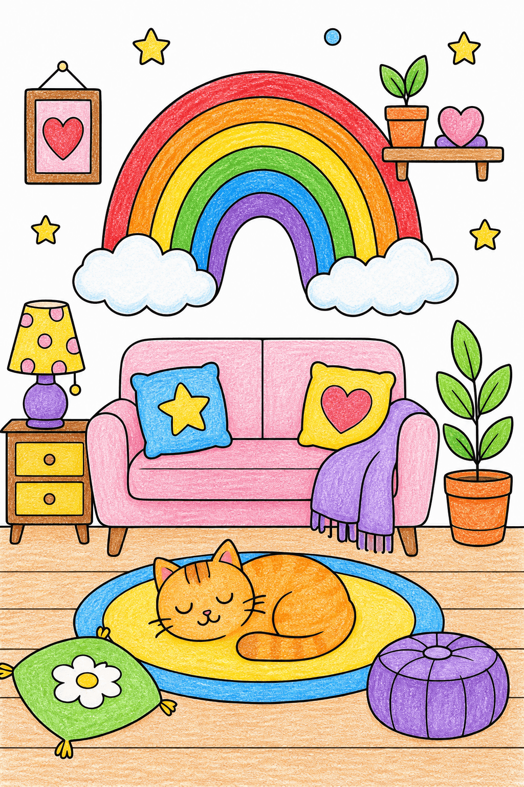 Rainbow Living Room with a Sleeping Cat crayon colorized preview