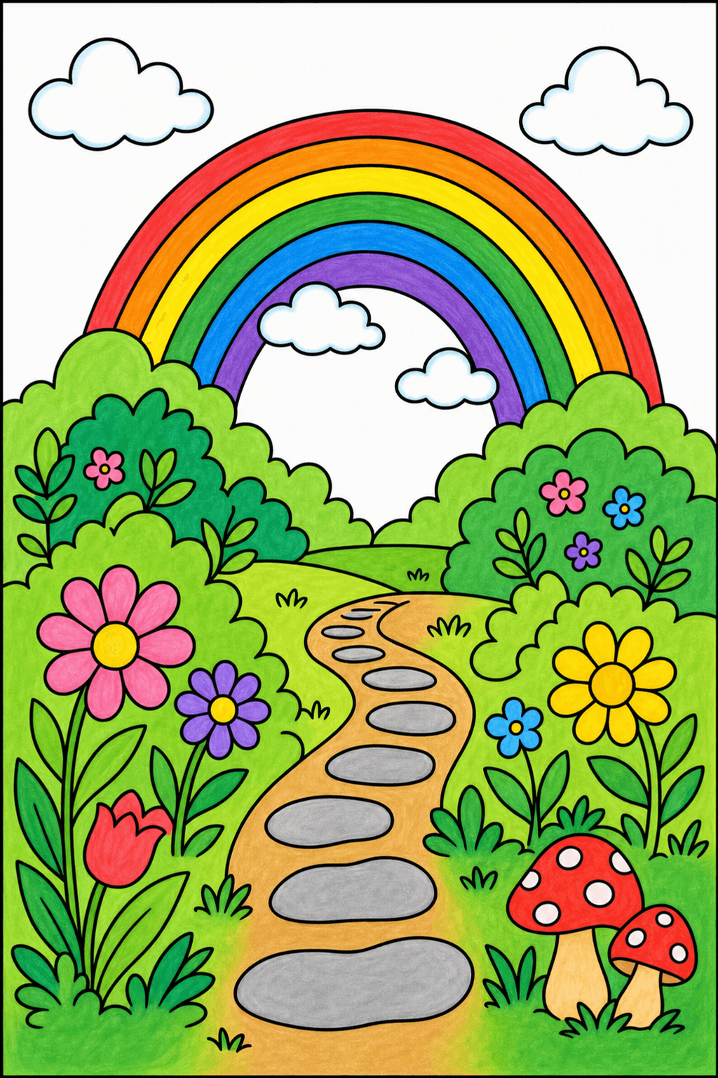 Rainbow Garden Path with Flowers and Mushrooms marker colorized preview