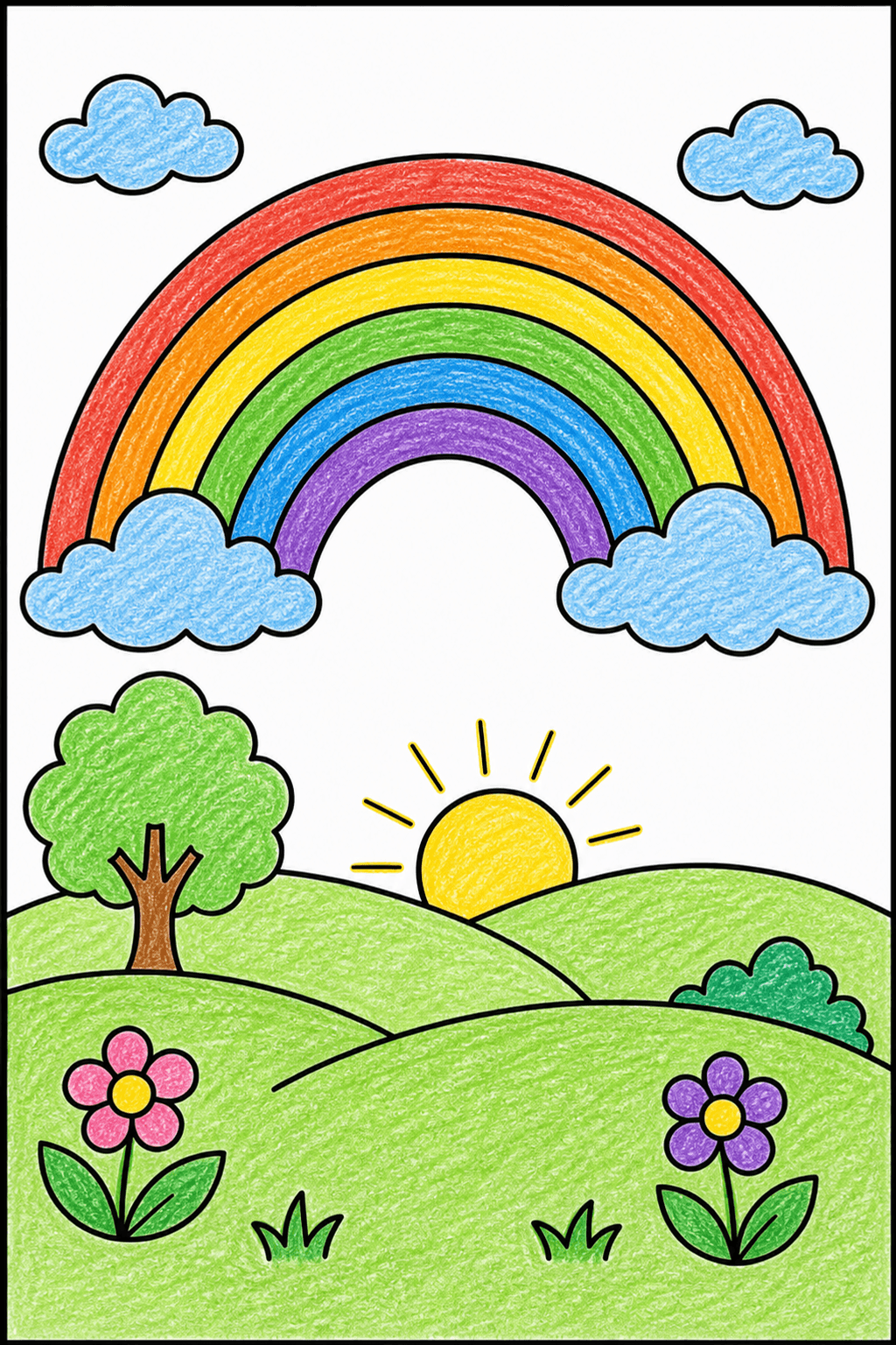 Rainbow Over a Hilltop Landscape crayon colorized preview