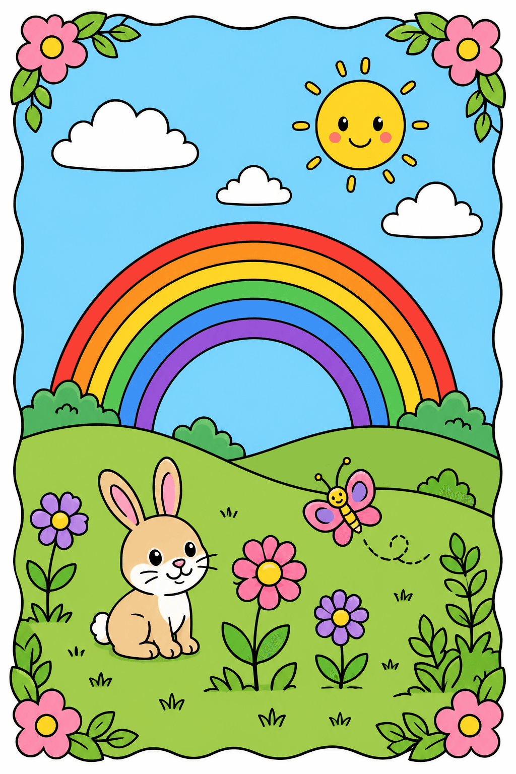 Bunny and Butterfly in a Framed Rainbow Meadow clean-digital colorized preview