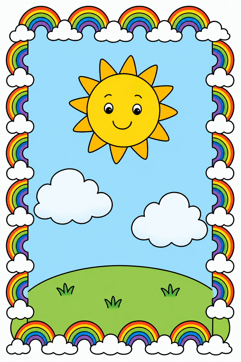 Smiling Sun Inside a Rainbow and Cloud Border clean-digital colorized preview