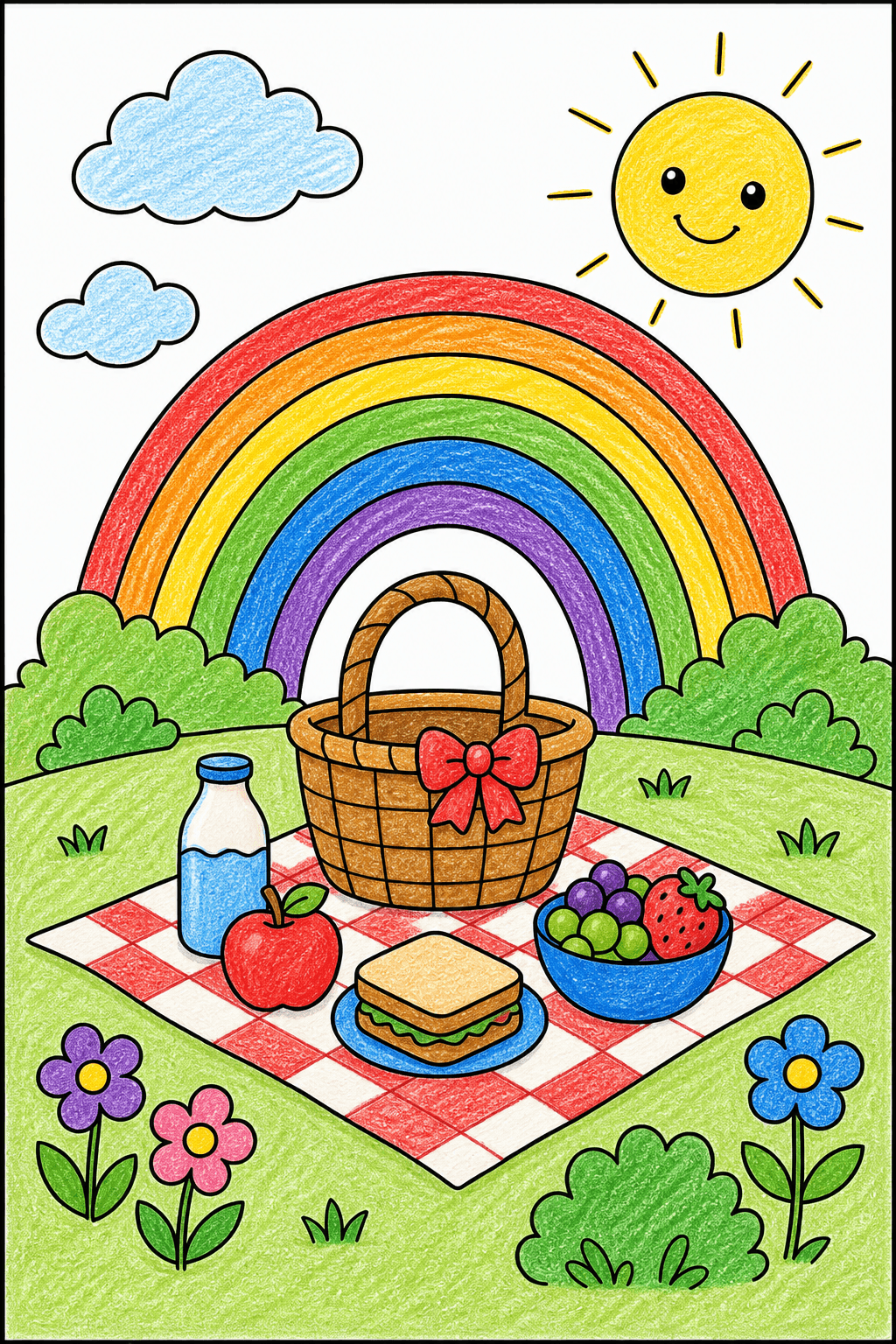 Picnic Basket Under a Rainbow and Smiling Sun crayon colorized preview