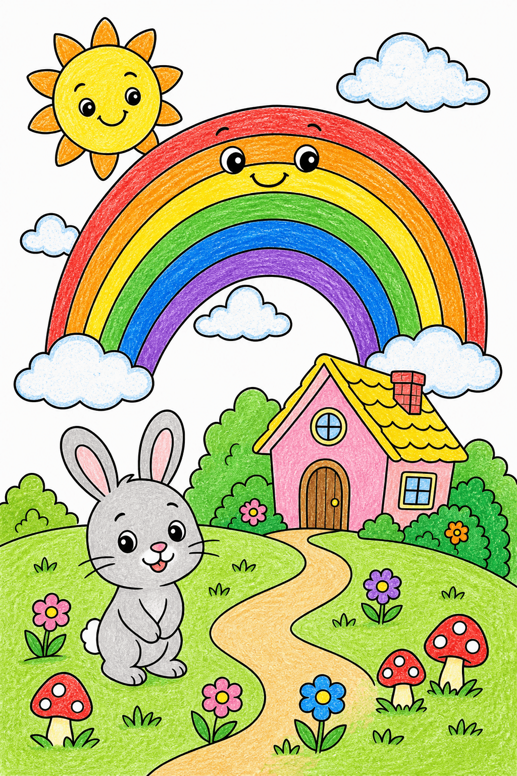 Bunny Under a Rainbow by a Cottage crayon colorized preview