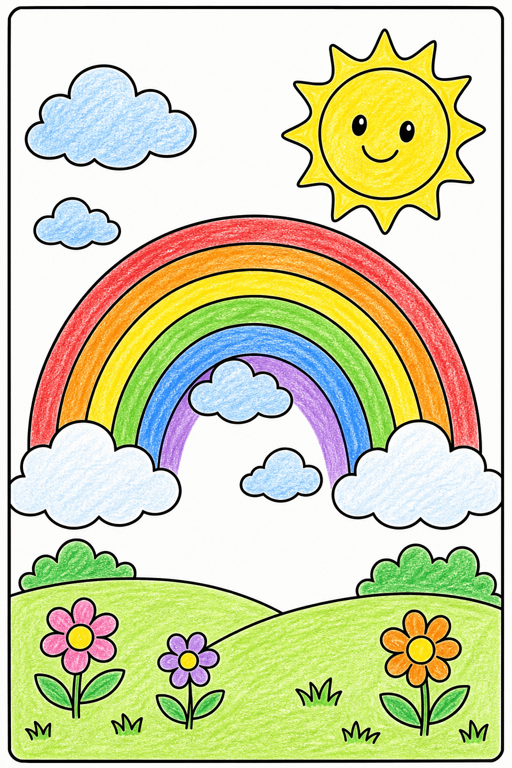 Rainbow Sky with Smiling Sun and Foreground Flowers crayon colorized preview