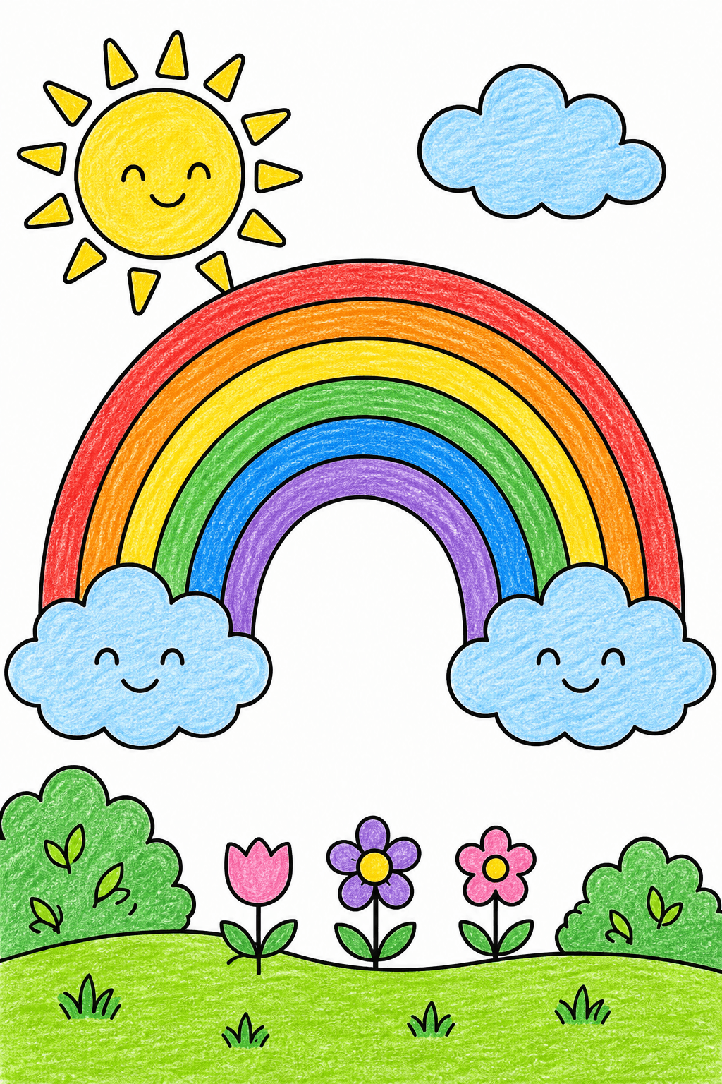 Rainbow and Smiling Clouds Over a Flower Garden crayon colorized preview