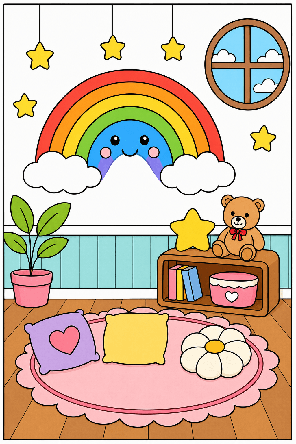 Smiling Rainbow Cozy Kids' Room Coloring Page clean-digital colorized preview