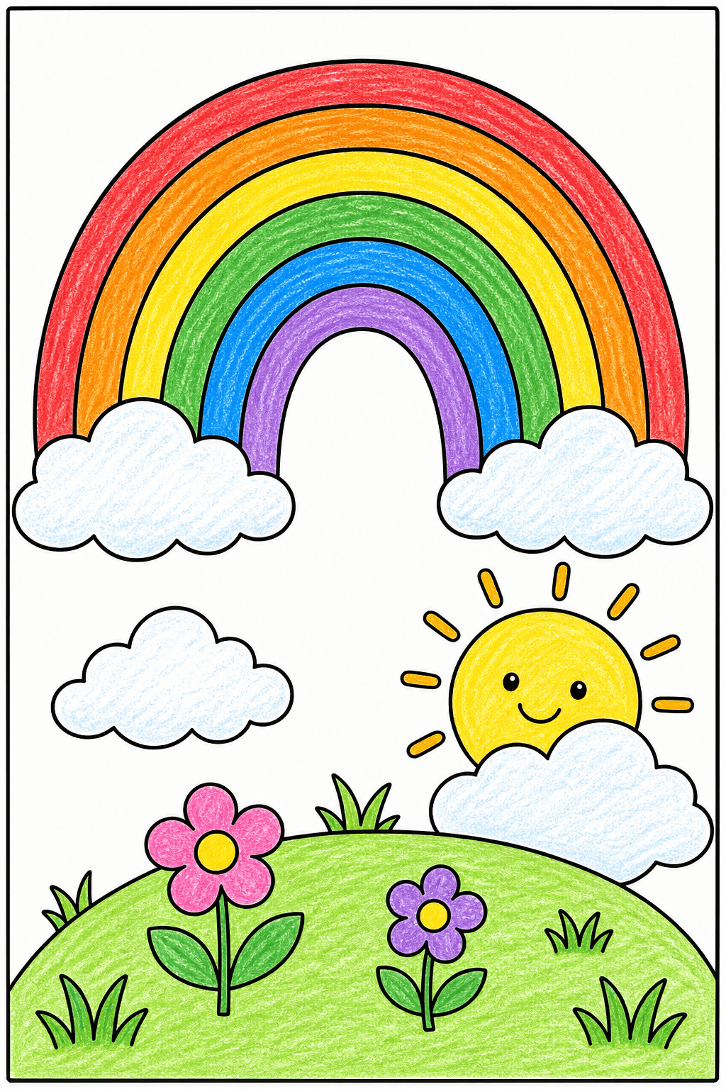 Simple Preschool Rainbow with a Smiling Sun and Flowers crayon colorized preview