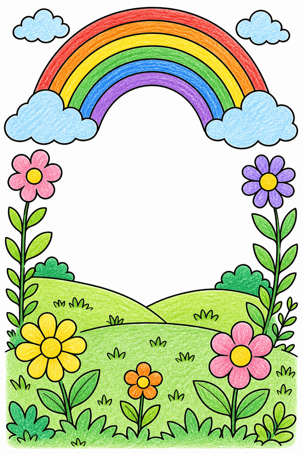 Rainbow and Tall Meadow Flower Frame crayon colorized preview
